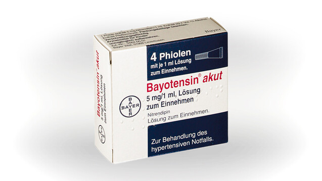 Bayotensin akut (Nitrendipin) wird es künftig nicht mehr geben, der Vertrieb wird eingestellt. (c / Packshot: Bayer)