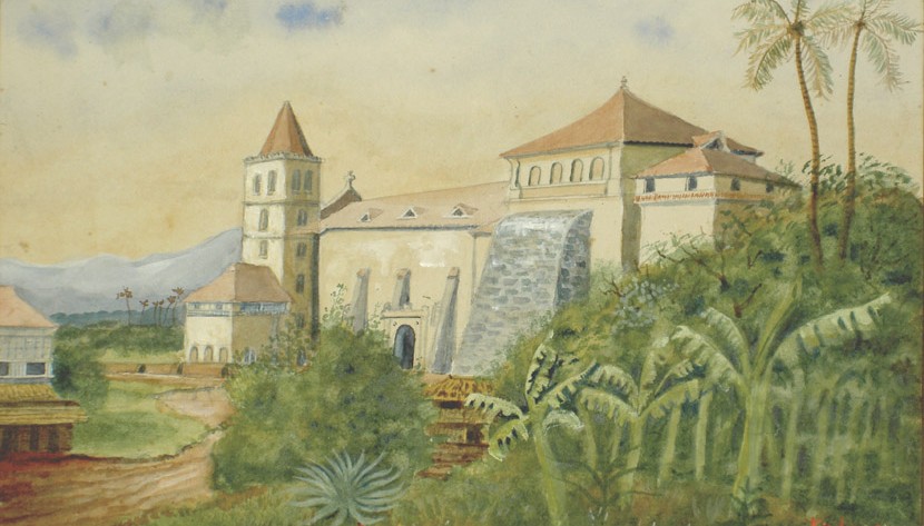 Die philippinische Stadtgemeinde Majayjay in der Provinz Laguna. (Gemälde von O.v.W. Suhm – Nachlass Heinrich Rothdauscher)