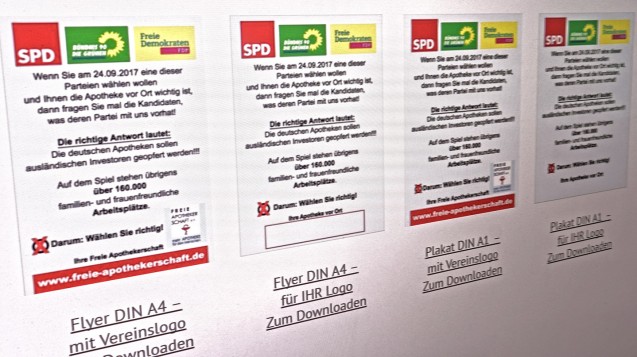 Auf www.freie-apothekerschaft.de sind die Flyer und Plakate bereits sichtbar. (Screenshot: Freie Apothekerschaft) 
