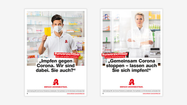 Zwei neue Plakatmotive der #unverzichtbar-Kampagne der ABDA sollen Apothekenkund:innen motivieren, sich impfen zu lassen. (Foto: ABDA)