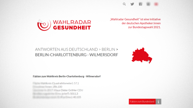 Die ABDA setzt auch zur Bundestagswahl am 26. September 2021 auf den „Wahlradar Gesundheit“. (Screenshot: wahlradar-gesundheit.de / DAZ)&nbsp;