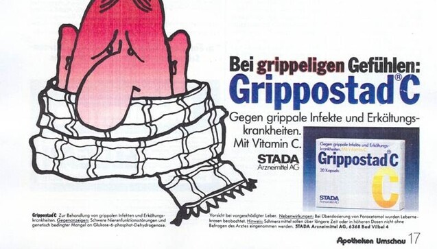 20. Dezember: "Stada" steht für Standardarzneimittel Deutscher Apotheker.&nbsp;Grippostad ist ein Klassiker in der Apotheke, mit dem viele besondere Erinnerungen verbinden. Hier eine Werbung aus den späten 1980er-Jahren.