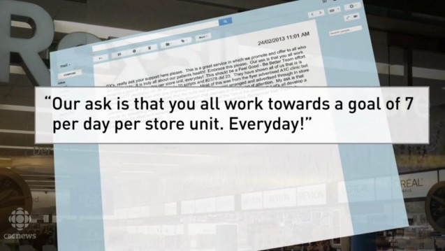 "... sieben pro Tag pro Geschäft. Jeden Tag!" Kanadische Apothekenketten setzen ihre Angestellten mit Zielvorgaben unter Druck. (Screenshot: CBCnews/DAZ)