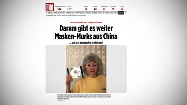 „Gratis-Mundschutz aus Apotheke: Darum gibt es weiter Masken-Murks aus China“, schreibt die Bild-Zeitung in ihrer Online-Ausgabe mit Datum vom gestrigen Vormittag. Dabei beruft sie sich auf&nbsp;„schon über 100 ältere BILD-Leser, die verunsichert sind, weil auf ihren Gratis-Masken ‚KN95‘ aufgedruckt ist“. (Screenshot BILD)