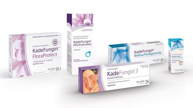 Dr. Kade will schrittweise die Packungen seines Kadefungin-Sortiments umstellen. Anhand von Motiv und Farbe soll zwischen verschiedenen Indikationen, aber auch zwischen Medizinprodukt und Arzneimittel, unterschieden werden können. (r / Foto: Dr. Kade)
