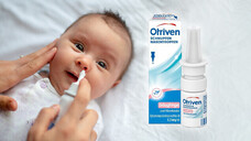 Der Otriven-Dosiertropfer ist sowohl für Säuglinge als auch für Kleinkinder zugelassen, jedoch ist nur das Wort „Säuglinge“ rosa hinterlegt. (s / Foto:&nbsp;tutye / AdobeStock | Packshot:&nbsp;GSK)