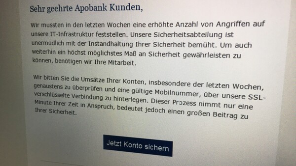 Apobank-Kunden erhalten betrügerische Phishing-Mail