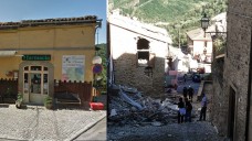Auf dem linken Foto ist die Apotheke von Francesco Nigro noch unbeschädigt. Nach dem Erdbeben in Mittelitalien ist sie nicht mehr betretbar. Nigro versorgt die gesamte Region. (Foto: Google | dpa )