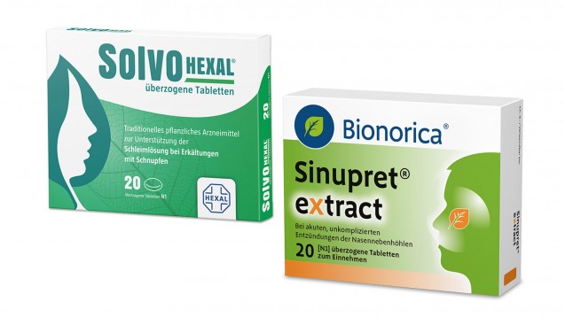 SolvoHexal enthält die gleichen Drogen wie Sinupret. Laut Sinupret-Hersteller Bionorica, war es das dann aber schon auch mit den Gemeinsamkeiten. (Bild: Hexal / Bionorica / Montage: DAZ.online)