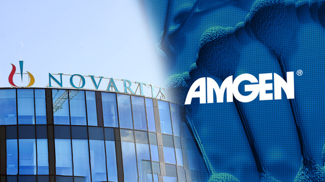 Novartis und Amgen sind sich uneins: Es geht um die Vermarktungsrechte vom Migräne-Antikörper Aimovig. ( r / Foto: imago | amgen.com)
