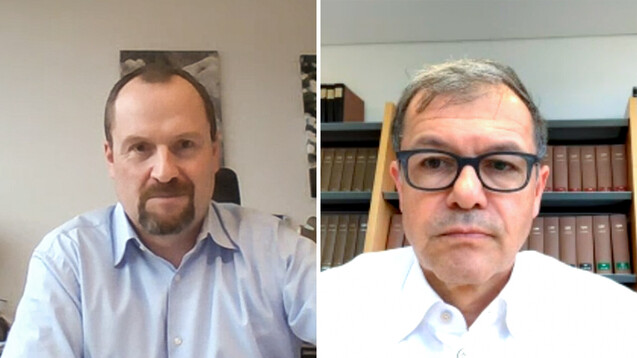 Morton Douglas (l.) und Rainer Eckert erklärten im Gespräch mit DAZ-Chefredakteuer Armin Edalat, was die von der AvP-Insolvenz betroffenen Apotheken jetzt erwartet. (c / Screenshot: DAZ.online)