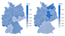 Je dunkler, desto kränker: Altersstandardisierte  Sterberaten je 100.000 Einwohner an Krebs gesamt nach Bundesland 2012 –2014. (Quellen: RKI/Destatis)