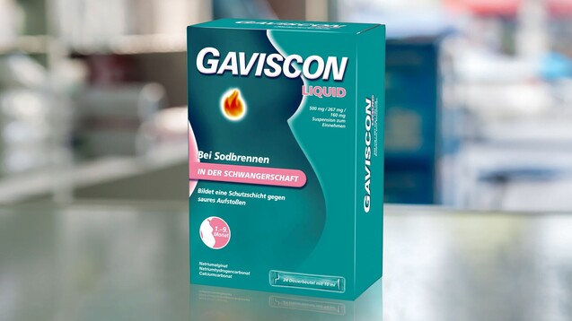 Reckitt Benckiser bringt Gaviscon Liquid, das speziell bei Schwangeren mit Sodbrennen eingesetzt werden darf. (r / Packshot: Gaviscon | Hintergrund: Voy_ager / stock.adobe.com)