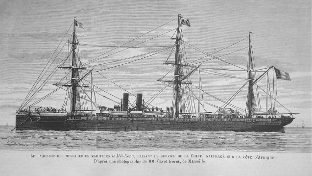 Der Dampfer Meï-Kong, in Betrieb von 1870 bis 1877, hier auf einer Illustration unbekannten Datums (nach einer Fotographie der Gebrüder Cayot – Marseille).