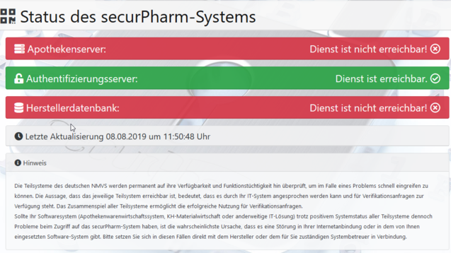 Wieder einmal ist es am heutigen Donnerstag zu erheblichen technischen Problemen mit dem Securpharm-Server gekommen. (Screenshot: DAZ.online)