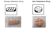 Die Tablettenform bei Opipramol-neuraxpharm Filmtabletten 50 mg (siehe Bild im Text) und 100 mg (hier abgebildet) hat sich geändert, bei der Wirkstärke 150 mg gibt es keine Änderung. (Abbildung: Informationsschreiben von Neuraxpharm)