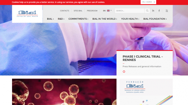 Internetseite des Pharmakonzerns Bial, Portugal: Informationen zum fehlgelaufenen Test auf der Startseite (Sreenshot / DAZ.online)