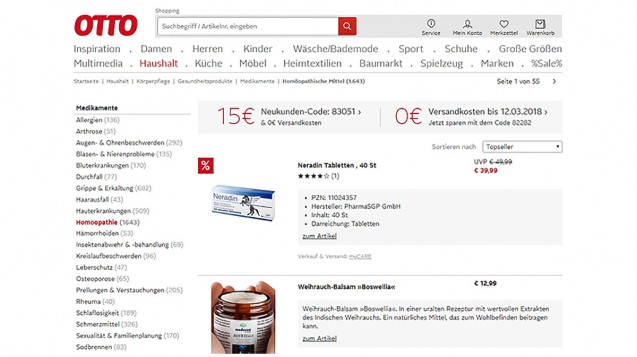 In der Rubrik „Haushalt“ bietet Otto.de auch Arzneimittel an. (Screenshot: otto.de / PTAheute.de)