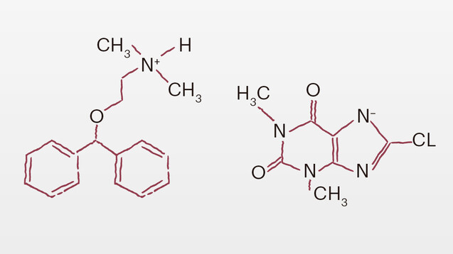 Diphenhydramin&nbsp;und 8-Chlortheophyllin bilden Dimenhydrinat. (Quelle: DAZ.online)