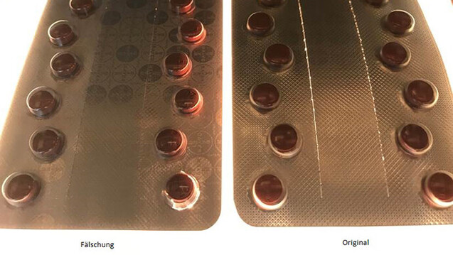 Keine oder nur eine schwache Perforation und deutlichere Bayer-Logo-Blisterdrucke: Diese beiden Merkmale zeigten die in Großbritannien gefundenen Xarelto 20 mg-Fälschungen. ( r / Foto: BfArM)