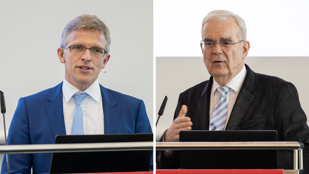 Die Juristen Dr. Elmar Mand (li.) und Prof. Dr. Hilko J. Meyer – hier bei der Interpharm 2019 in Stuttgart – haben den VOASG-Entwurf&nbsp;analysiert. (c / Foto: Schelbert)