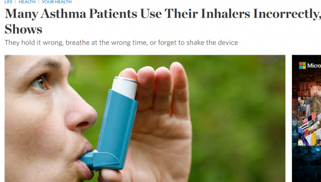 Dass ein Großteil der Asthma- und COPD-Patienten ihre
Inhalatoren nicht richtig anwendet, ist unter Apothekern nichts Neues. Nun hat
das „Wall Street Journal", immerhin die auflagenstärkste Zeitung der USA,
das Thema aufgegriffen. Die zitierten Untersuchungen kommen zu dem Schluss,
dass Patienten in 70 bis 90 Prozent der Anwendungen mindestens einen Fehler
machen. (Foto: Screenshot / DAZ)