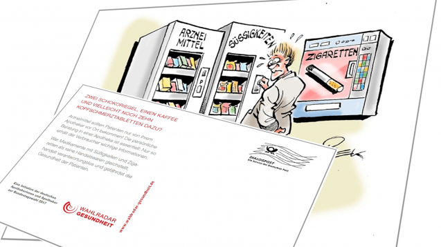 Wahlkampf geht los: Als erste PR-Aktion vor der Bundestagswahl verschickt die ABDA Postkarten mit Karikaturen, die die politischen Forderungen der Apotheker enthalten. (Foto: DAZ.online)