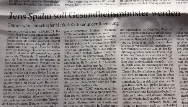Mit Spahn wäre „ein scharfer Merkel-Kritiker“ im Kabinett, schreibt die FAZ. (Foto: jb / DAZ.online)