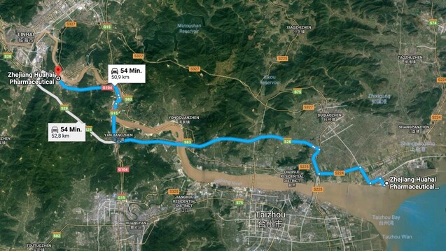 Zhejian Huahai Pharmaceutical besitzt zwei Herstellungsstandorte in direkter Nähe zueinander. (Foto: Screenshot / Google Maps)