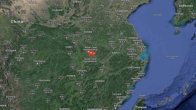 Rund sechzig Wirkstoffe sollen zum Teil in der vom Coronavirus betroffenen Region hergestellt werden.&nbsp;Auch ein Blick auf Google Maps verrät, dass sich viel der chinesischen Arzneimittelrohstoffproduktion auf die zentralchinesische Provinz Hubei mit der Hauptstadt Wuhan konzentriert. (b/Foto: Screenshot / Google Maps)