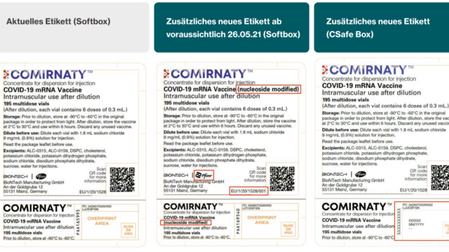 Comirnaty gibt es künftig mit drei verschiedenen Etiketten. (x / Screenshot: ABDA/Biontech)