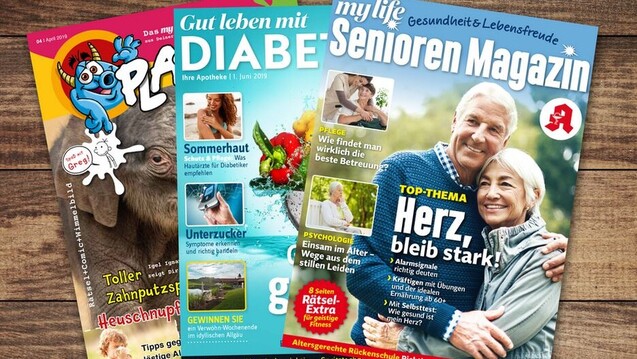 So könnten die neuen Hefte des Zukunftspakts aussehen, das Kinder- und das Diabetesheft sollen ab Oktober in den Apotheken liegen. (Foto: Burda Media)