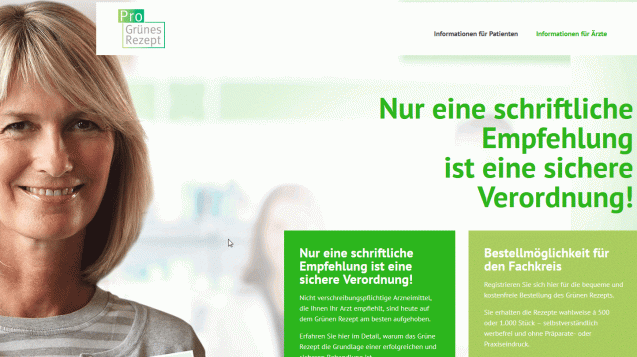 OTC-Arzneimittel: Mit einem Grünen Rezept können Ärzte ihre Patienten beim Gang in die Apotheke unterstützen. (Screenshot: www.pro-gruenes-rezept.de)