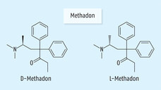 Bei Methadon handelt es sich um ein Racemat. Analgetisch wirksam ist nur das (R)-(-)-Enantiomer (Levomethadon). (Abb.: DAZ)