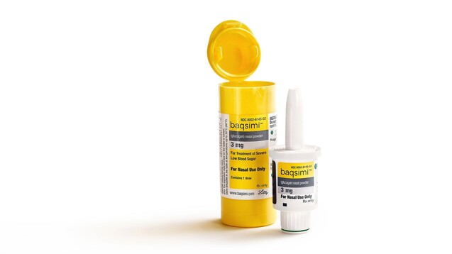 Baqsimi ist das erste Notfall-Glucagon, das nicht injiziert werden muss. Das Glucagon-Nasenpulver soll zur Notfallbehandlung schwerer Hypoglykämien zum Einsatz kommen und darf bei Diabetikern bereits ab vier Jahren angewendet werden. ( r / Packshot: Baqsimi&nbsp;/ Lilly)