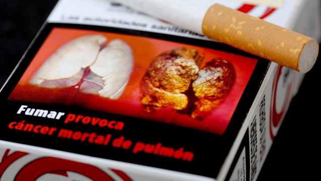 Eine spanischen Zigarettenpackung zeigt eine Raucherlunge: Verfaulte Zähne oder Nahaufnahmen von Krebsgeschwüren - an den Anblick solcher Schockfotos müssen sich Raucher in der EU schon bald gewöhnen. (Foto: Martin Gerten/dpa)