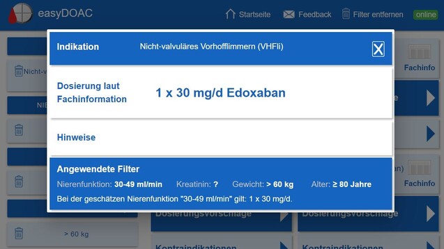 Nach wenigen Klicks zeigt die Web-App easy-DOAC die für den jeweiligen Patienten zugelassene Dosierung an. Die Informationen beruhen auf den Fachinformationen der Hersteller und Peer-Review-Studien. (Foto: www.easydoac.de - © 2021 Universitätsklinikum Heidelberg)
