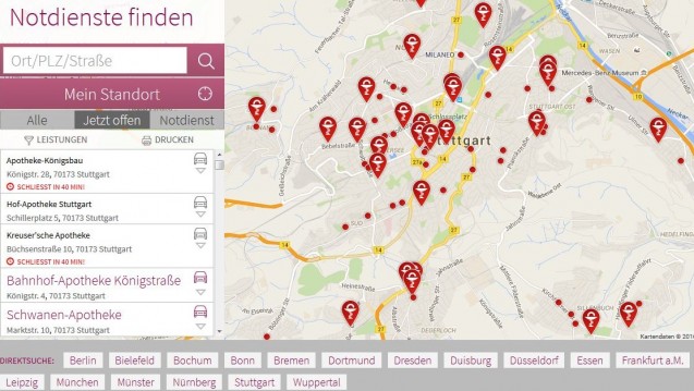 Websites und Apps helfen, dabei die nächste Apotheke zu finden (Foto: Screenshot apotheken.de/DAZ)