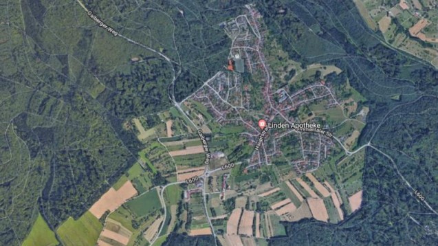 Nur Wald und Wiesen
rund um Gaiberg? Muss die Linden-Apotheke am 30. Juni geschlossen werden? (Screenshot: Google Maps)